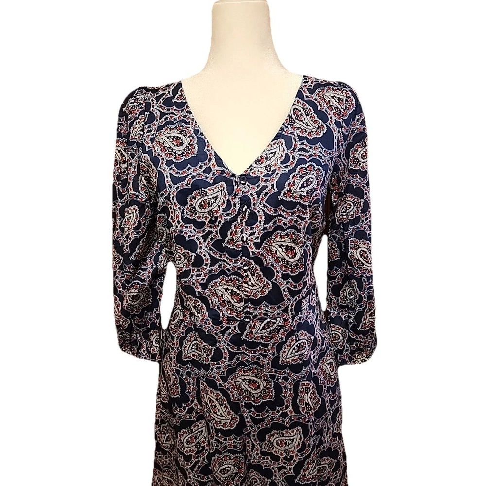Talbots Womens A-Line Dress Sz 4 Puff Sleeve Lined Blue Paisley Preppy Retro 70s